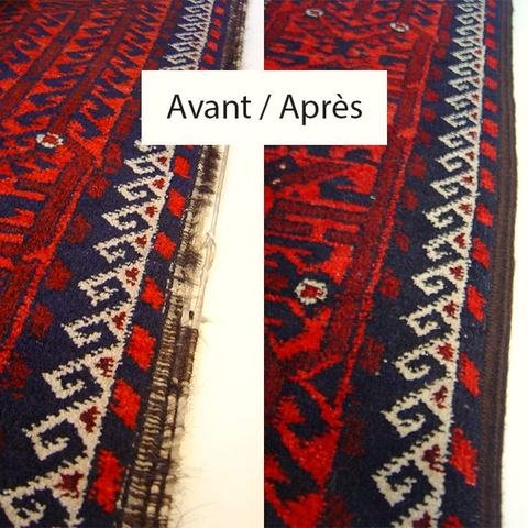 Bordure d’un tapis turkmène avant et après reprise de la lisière