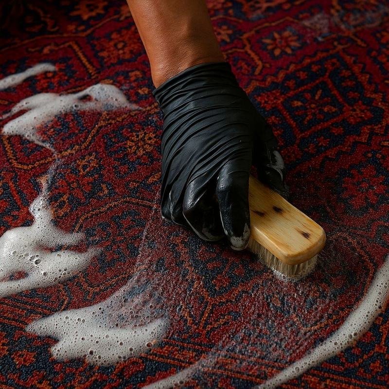 Main gantée brossant à la brosse de bois la mousse de lavage sur un tapis rouge sombre