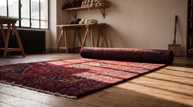 Tapis persan ancien déroulé sur le plancher d’un atelier en lumière rasante