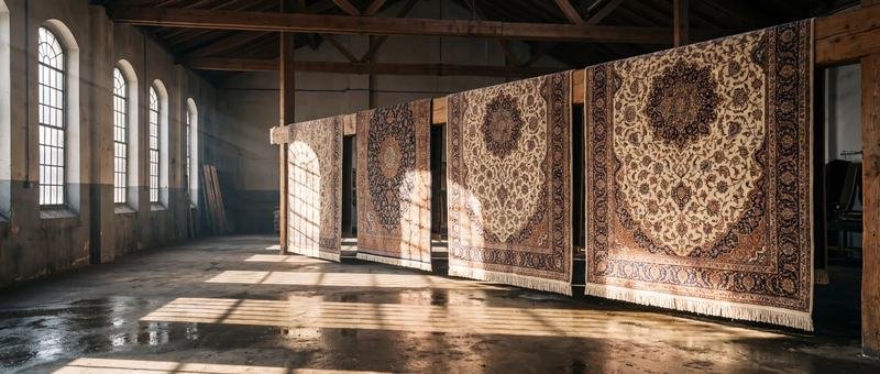 Quatre tapis suspendus à une poutre dans un atelier, lumière traversante
