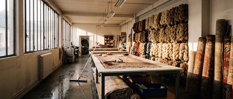 Vue large d’un atelier de restauration de tapis, pièces au sol et sur les murs