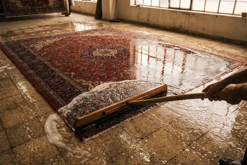 Tapis d’Orient immergé dans un bain de lavage peu profond, mousse en surface