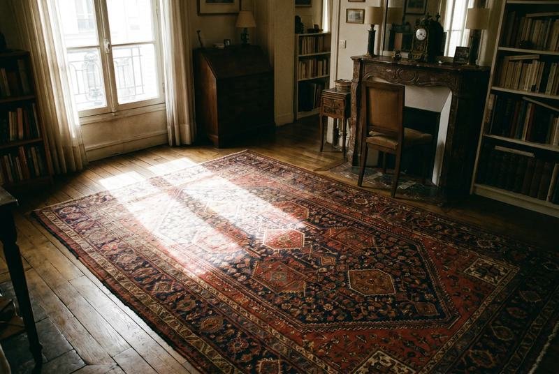 Tapis dont une bande décolorée par le soleil contraste avec les teintes d’origine