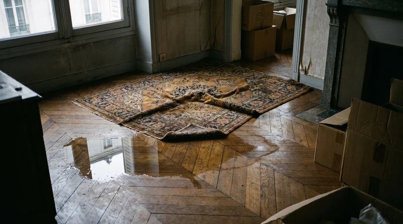 Angle d’un tapis sur un parquet noirci par l’eau après un dégât des eaux