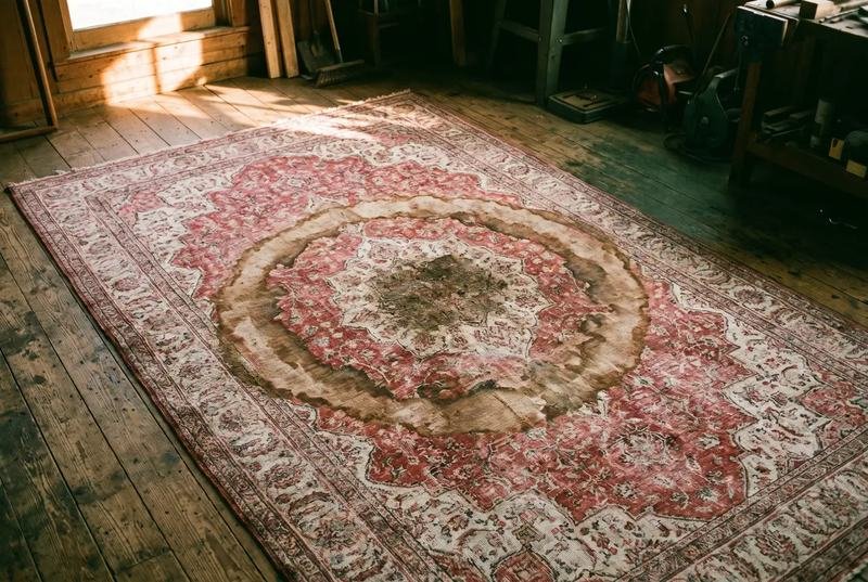 Illustration d’une auréole brune laissée par l’eau sur un tapis d’Orient