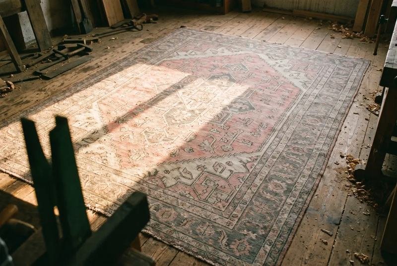 Illustration d’un tapis aux teintes délavées par le soleil, rouges pâlis
