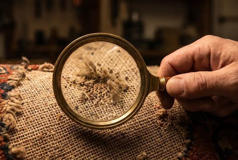 Revers d’un tapis examiné à la loupe à la recherche de larves de mites