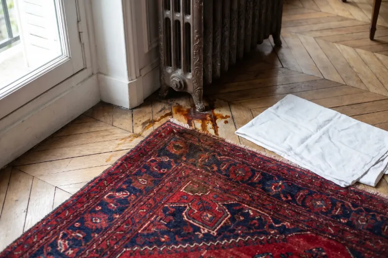 Coin d’un tapis d’Orient taché d’eau brune sous un radiateur en fonte, sur un parquet en point de Hongrie (illustration)