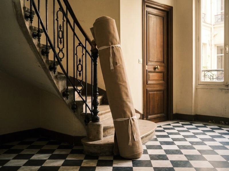 Tapis roulé et housse textile au pied d’un escalier d’immeuble haussmannien