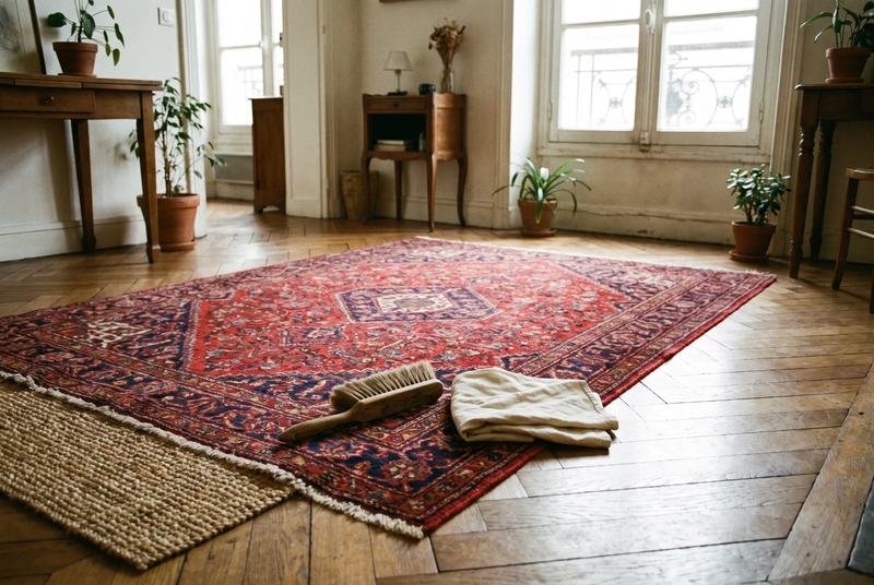 Brosse souple et chiffon de coton posés sur un tapis en laine dans un salon