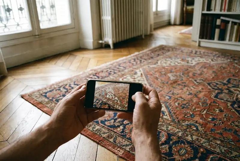 Tapis photographié à plat pour une estimation, mètre-ruban déplié sur l’angle