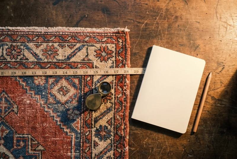 Mètre-ruban, loupe et carnet posés sur l’angle d’un tapis ancien pendant une estimation