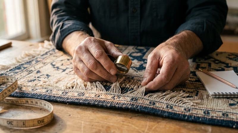 Mains d’expert examinant à la loupe le nouage d’un tapis sur un établi