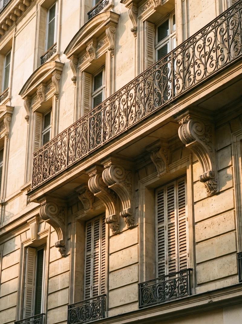 Façade haussmannienne en pierre de taille, balcons filants en fer forgé