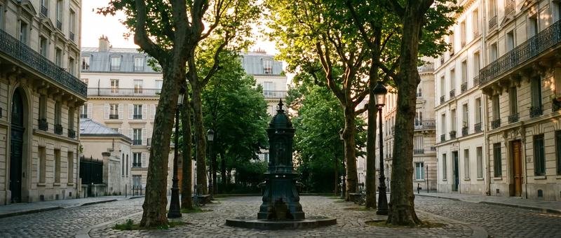 Fontaine Wallace sur une place parisienne ombragée de platanes