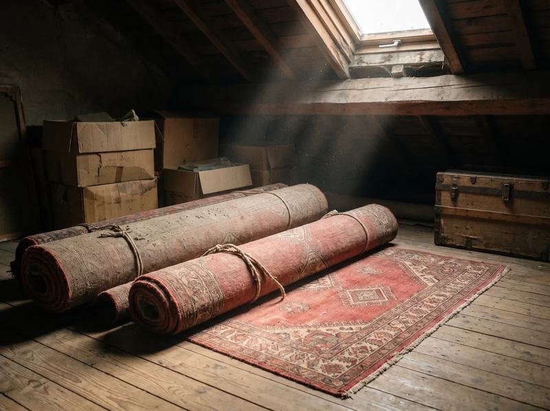 Trois tapis roulés et liés dans un grenier parisien sous un rai de lumière