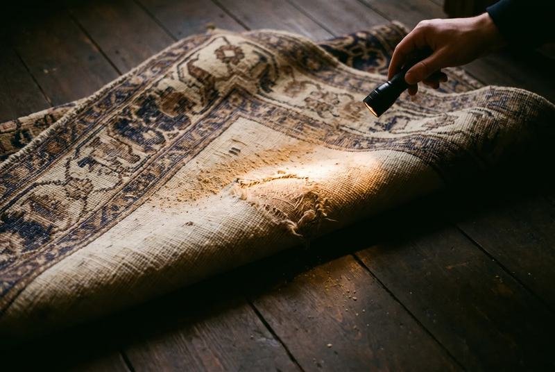 Faisceau d’une lampe torche révélant une zone mangée au revers d’un tapis
