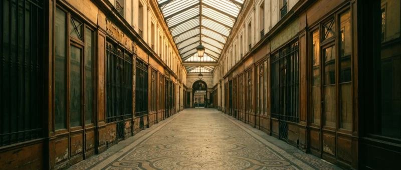 Passage couvert parisien au petit matin, verrière et sol de mosaïque