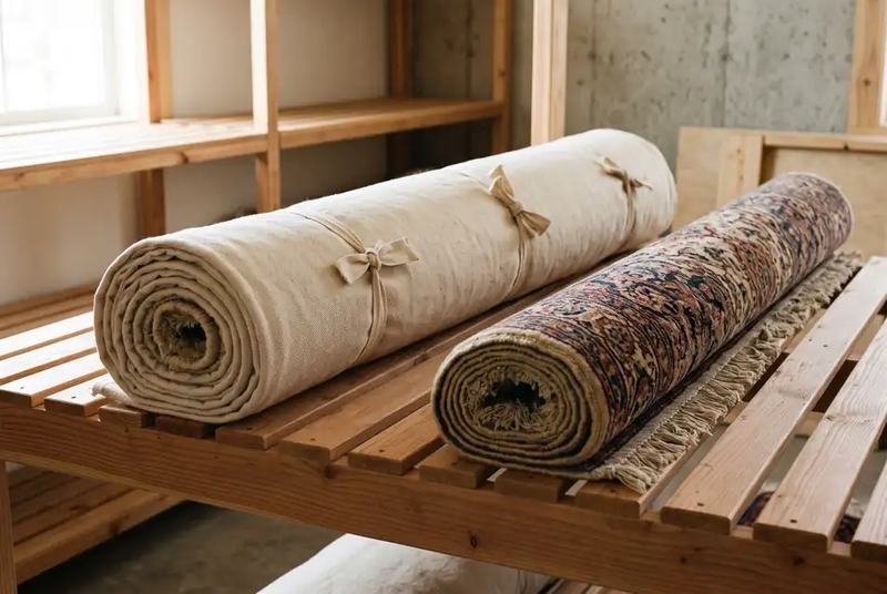 Tapis roulé glissé dans une housse de coton respirante sur une étagère de stockage