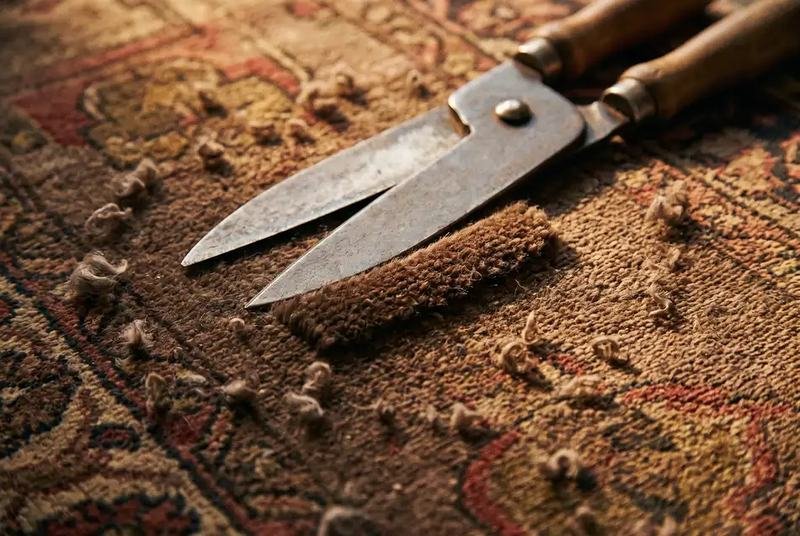 Cisaille de lissier posée sur le velours d’un tapis pendant le rasage de finition