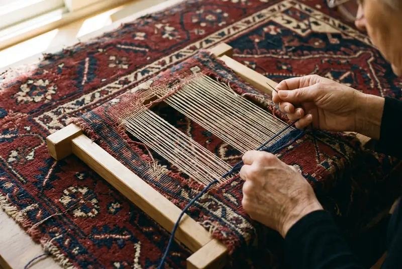Tapis tendu sur un métier vertical pendant le retissage d’une zone lacunaire