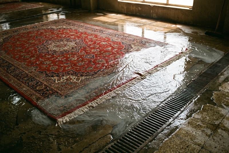 Rinçage abondant à l’eau claire d’un tapis pendant la neutralisation des odeurs
