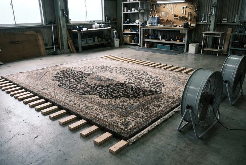 Tapis inondé mis à sécher à plat sur des lattes de bois, ventilateurs en bout