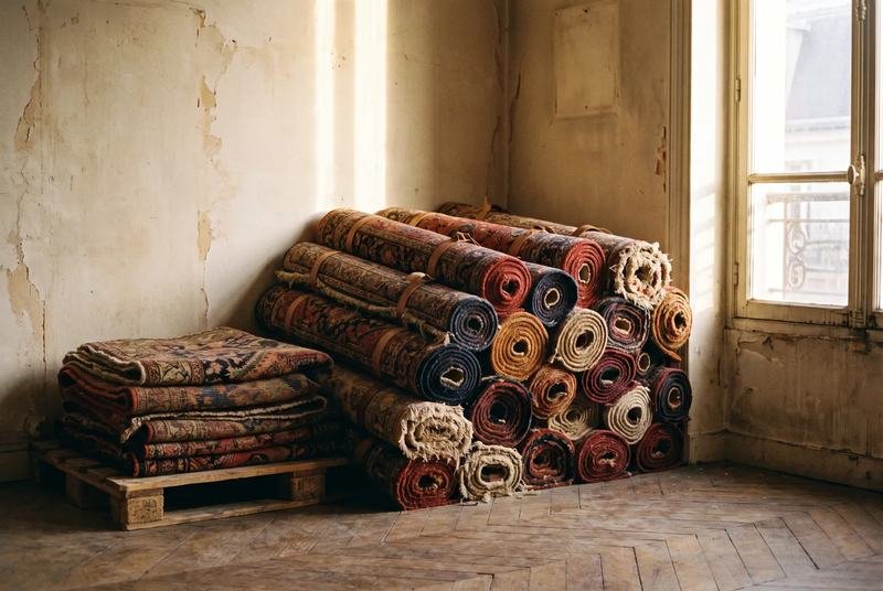 Tapis d’Orient roulés et empilés dans un showroom parisien