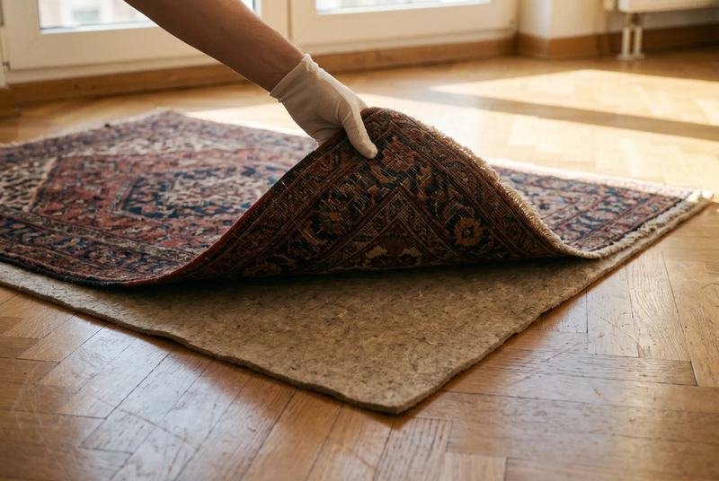 Coin d’un tapis soulevé révélant le sous-tapis en feutre naturel posé sur le parquet