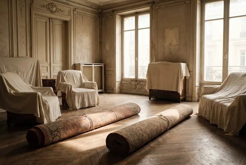 Tapis anciens superposés dans un salon parisien vidé, volets mi-clos