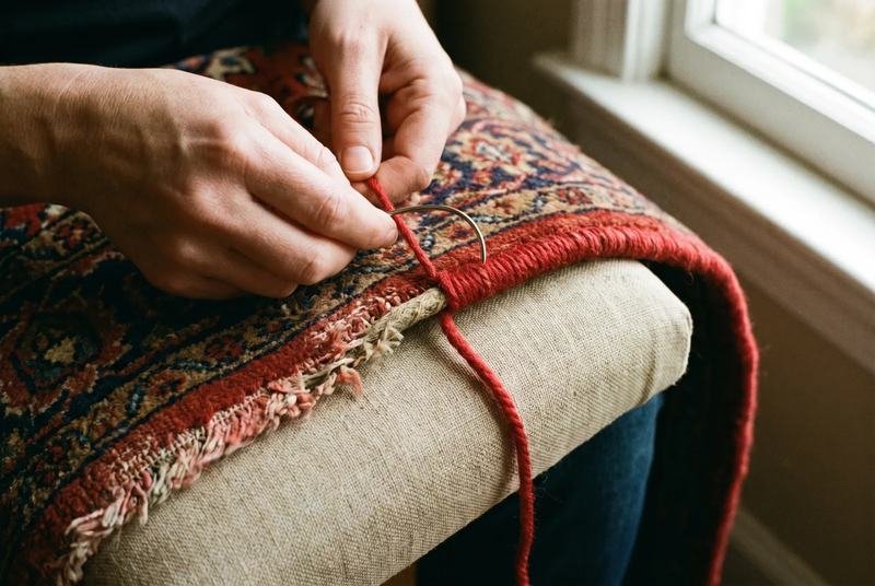 Lisière de tapis à moitié resurliée en laine rouge, pelote et aiguille posées à côté