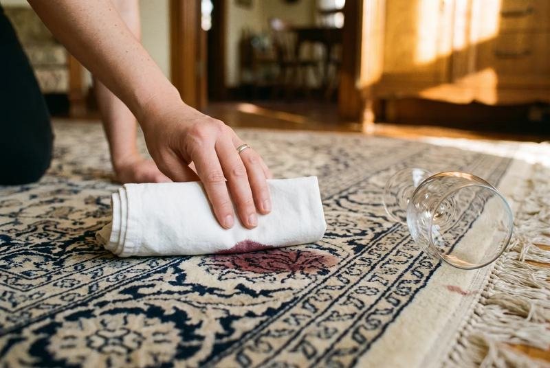 Chiffon de coton blanc tamponnant une tache de vin sur le champ ivoire d’un tapis