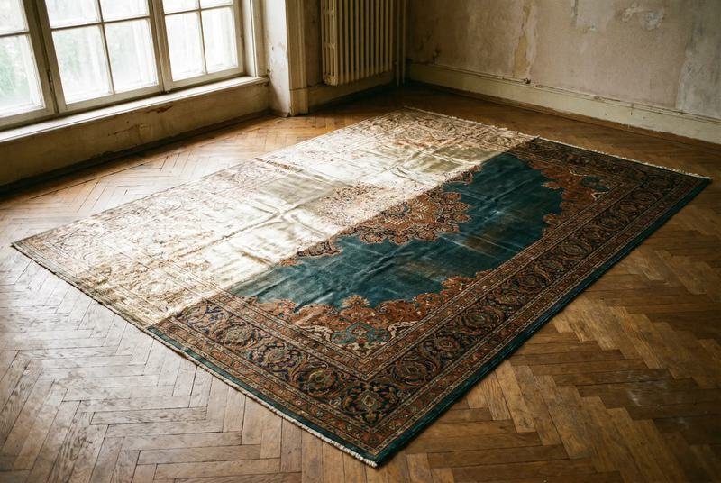Tapis de soie déployé en pleine lumière, reflets changeants sur le velours