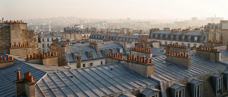 Toits de zinc et cheminées de Paris au petit matin, brume sur la ville