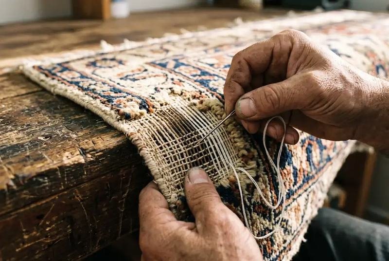 Fils de chaîne écrus retendus sur une lacune de tapis avant la reprise de la trame
